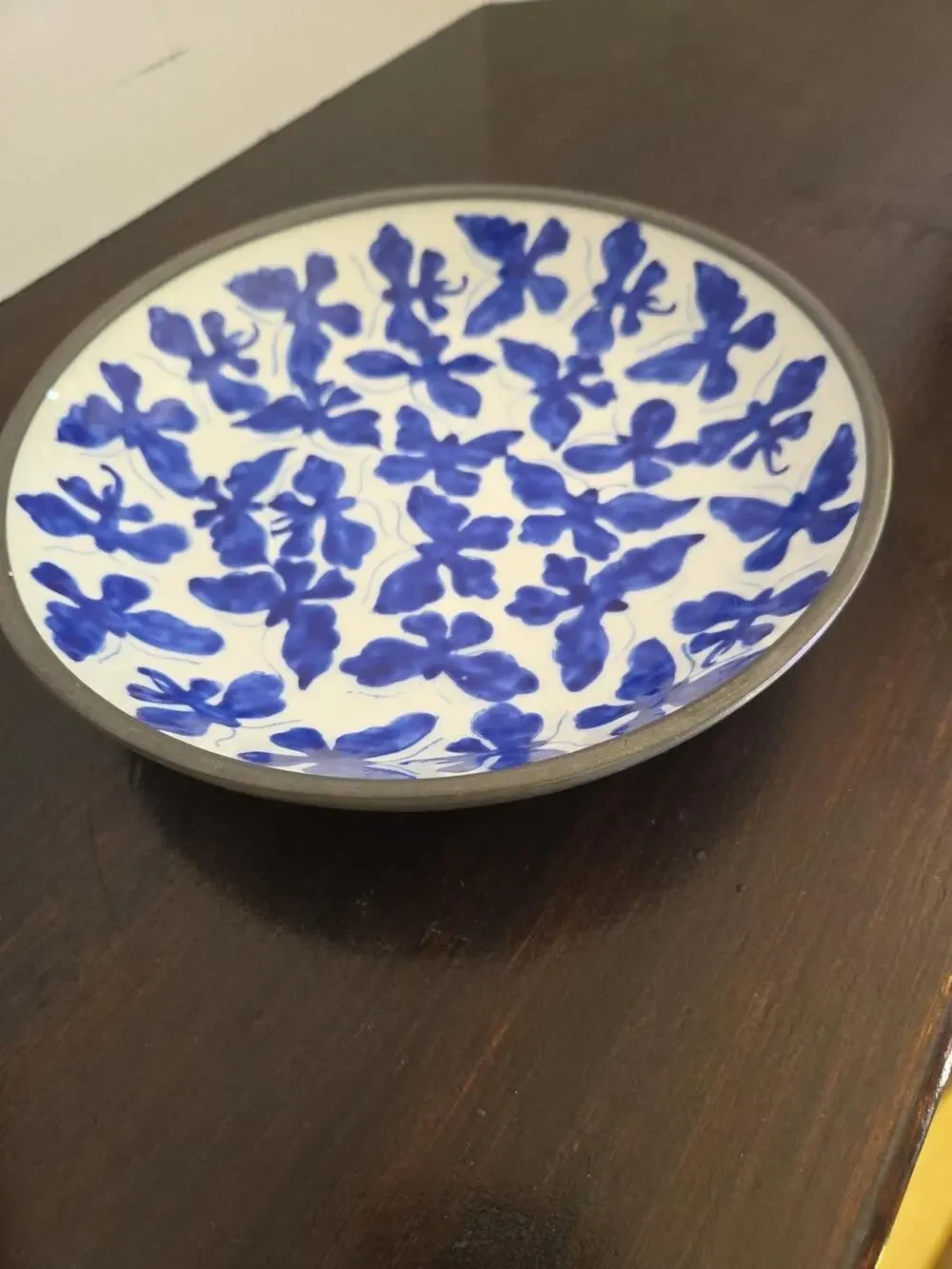 Vintage Japan Porcelain Pewter Bowl Blue White Floral Butterfly 8